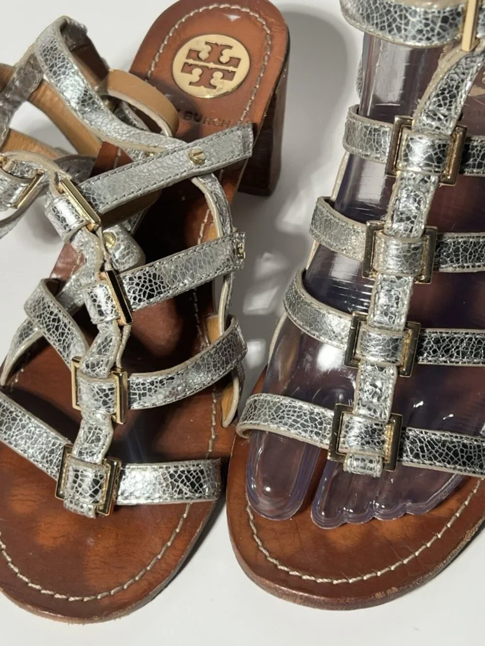 Tory Burch Reggie Silver Metallic Leather Gladiator Sandals Size 8M